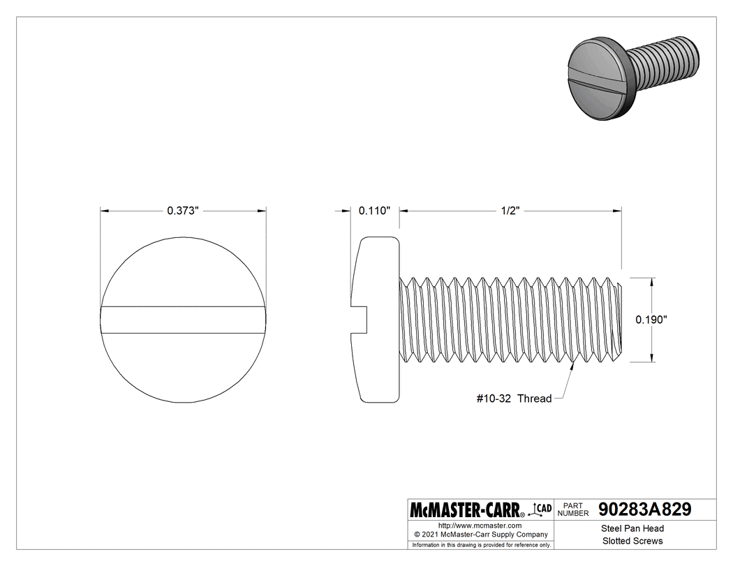 Technical Drawing of Steel Pan Head Slotted Screws, 10-32 Thread Size, 1/2" Long.